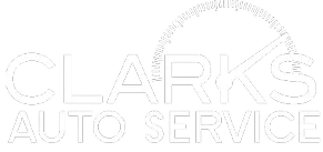 Logo for Clarks Auto Service featuring bold white text. A stylized semicircle with gear-like notches arcs over the top right corner above the “K” in “CLARKS.”.