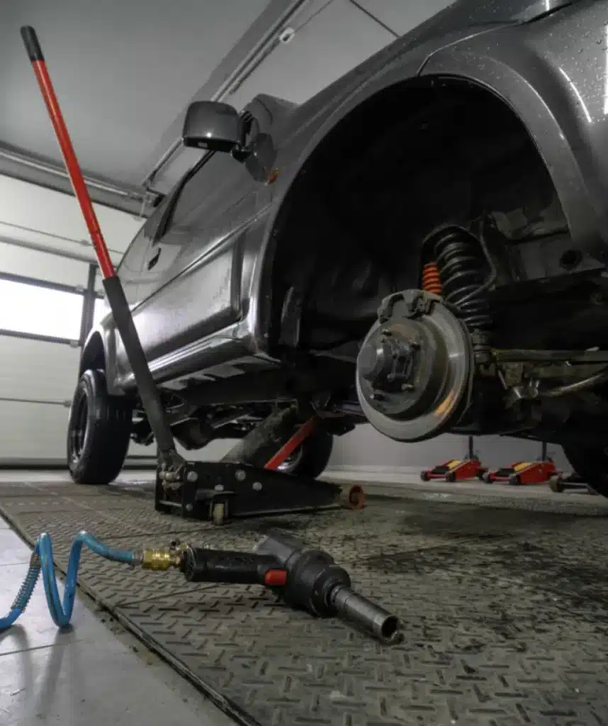 A car is lifted on a jack in a garage with its front wheel removed, exposing the brake assembly and suspension. A tire iron, air hose, and tools are on the floor nearby.