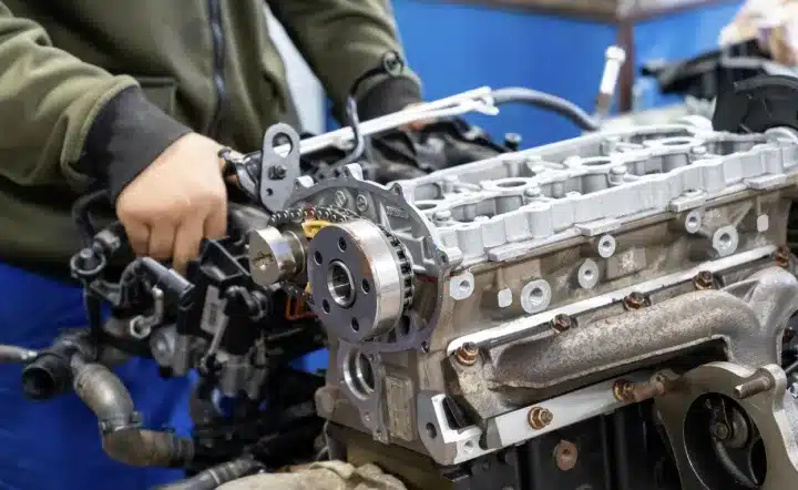A person works on a partially disassembled car engine, adjusting components with both hands. The engine block and various mechanical parts are clearly visible.
