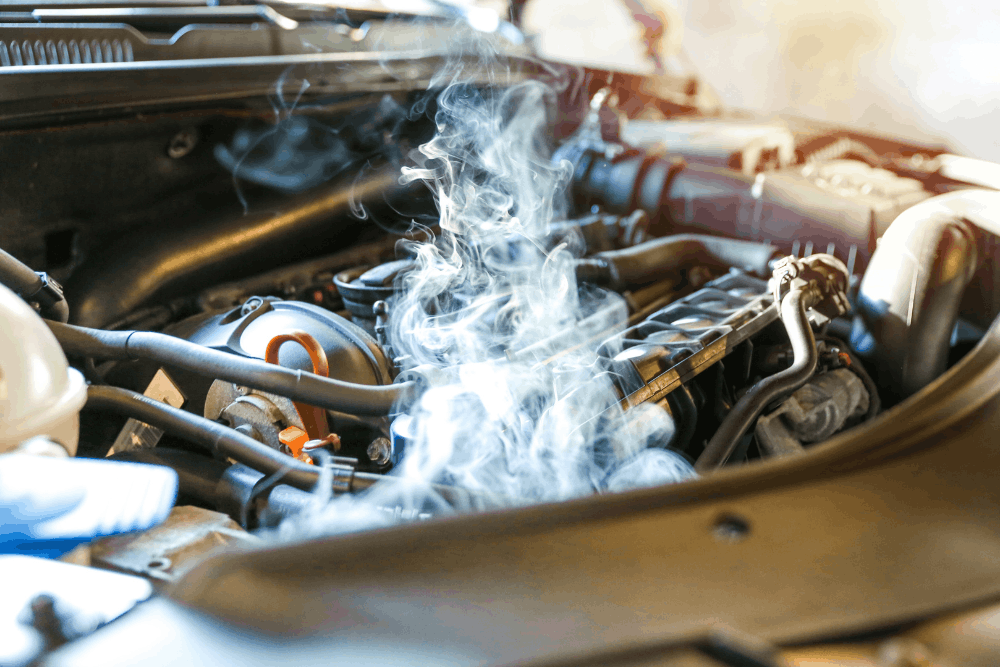 Engine overheating, auto repair in New Braunfels, TX, at Clark's Auto Service. Image of smoke rising from a vehicle engine compartment, highlighting the importance of cooling system diagnostics, radiator repair, and overheating prevention services for reliable vehicle performance.