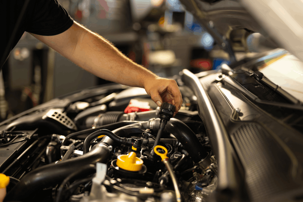 Car maintenance, auto repair in New Braunfels, TX at Clark’s Auto Service. Image of a technician inspecting a component in an open engine bay to support reliable vehicle performance.